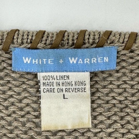 White + Warren Short Sleeve Whip Stitched Neutral Linen Sweater Size Large - Picture 6 of 9